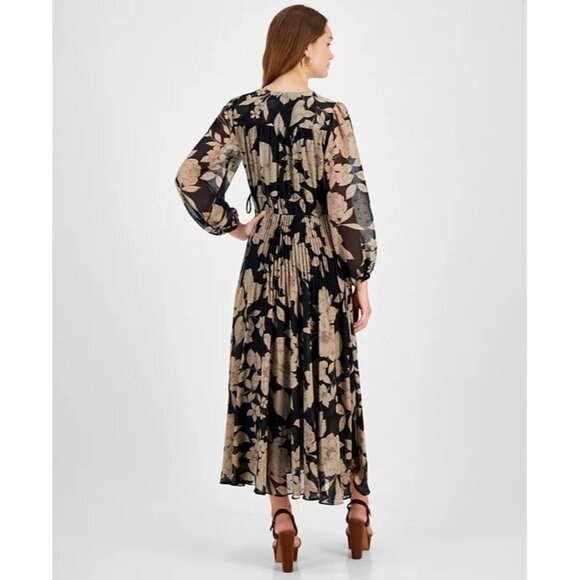 Taylor Womens Floral Chiffon VNeck Pulls On Pleated Dress Black Taupe Size 8 NWT - Picture 4 of 5